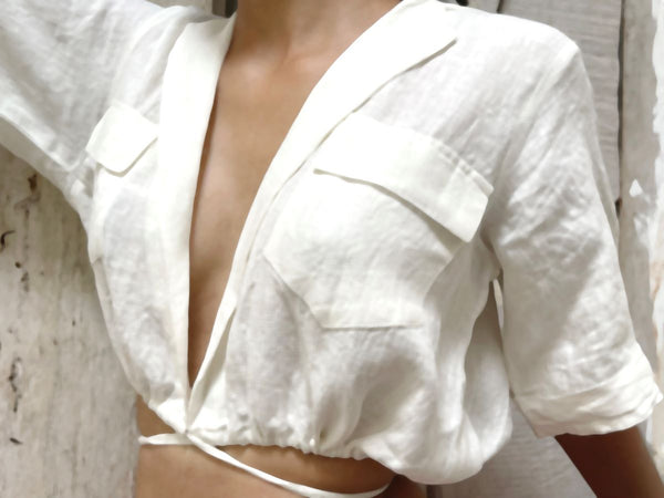 SASSY CROP BLOUSE WITH MIDRIFF - PALE WHITE